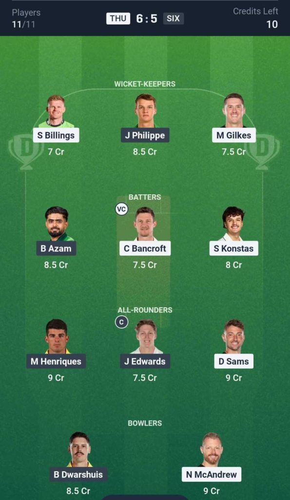 THU vs SIX Dream11 Prediction Team BBL THU vs SIX Dream11 Prediction Team BBL